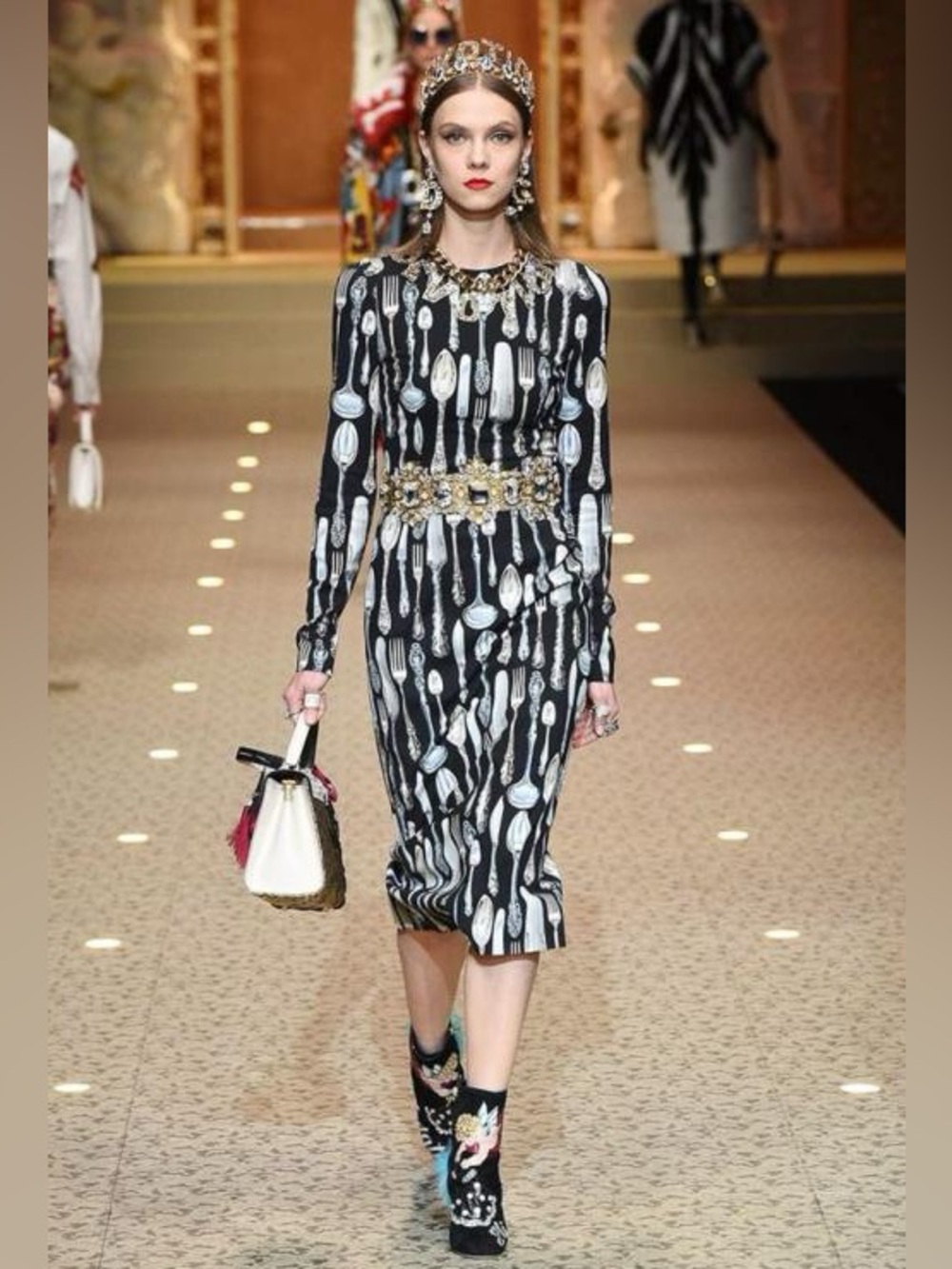 Dolce & Gabbana Black Long-Sleeve Spoon-Print Midi Dress, Italy Size 42